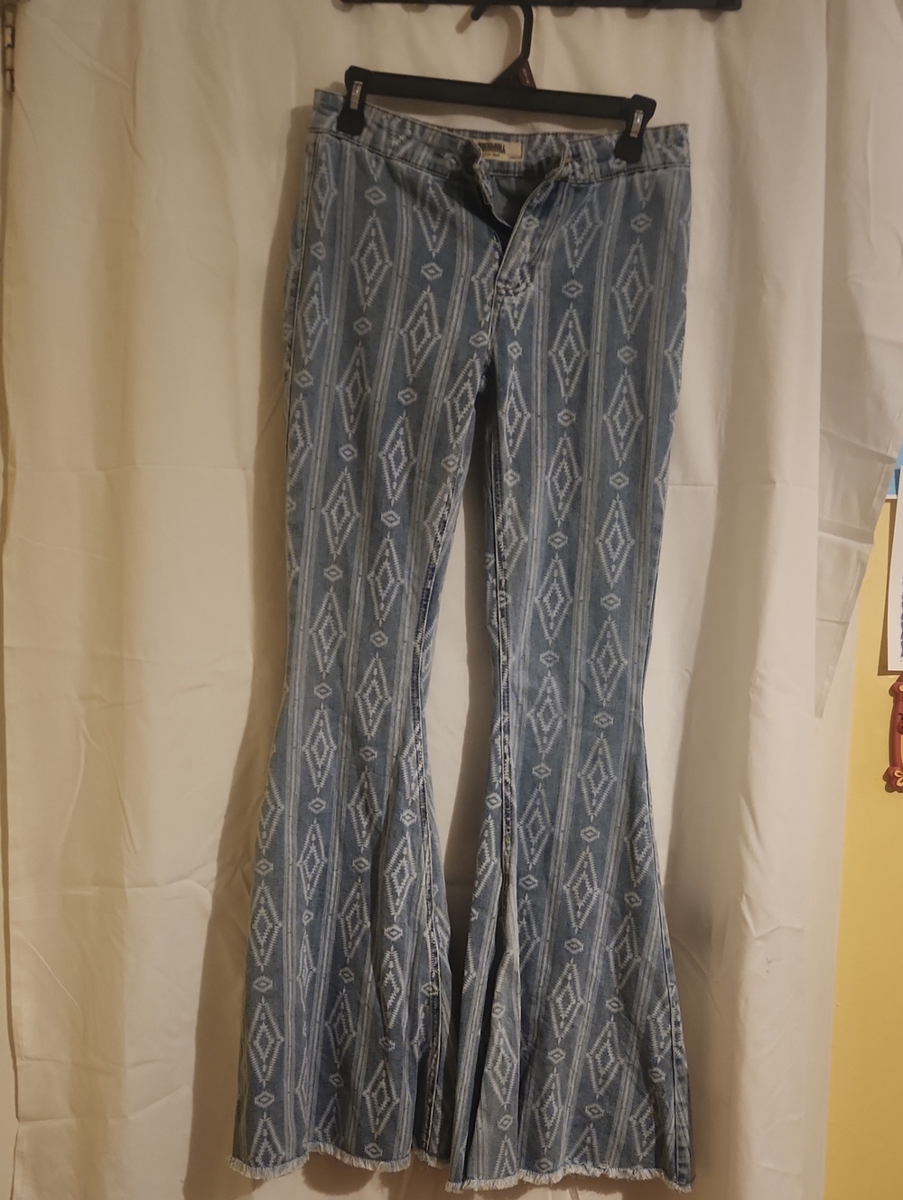 Aztec Pattern Flared Jeans - Light Blue & White